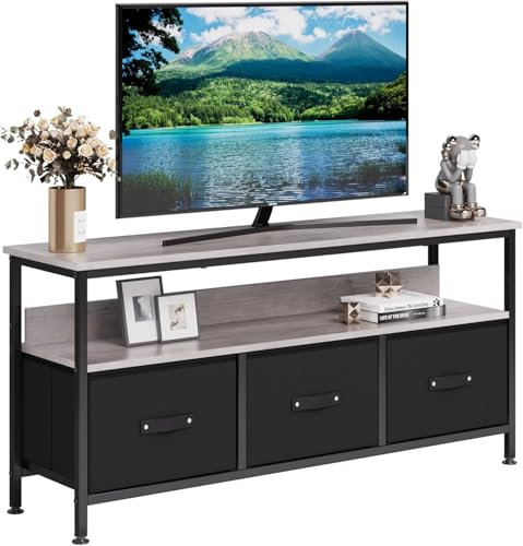 Litake Fernsehschrank TV-Kommode aus Holz mit Schubladen und Regalen für Fernseher bis zu 55 Zoll, für Wohnzimmer, Esszimmer und Schlafzimmer, 120x57x30 cm, Stilvolle in Vintage-Grau-Schwarz