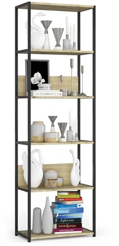 AKORD Bücherregal mit 6 Ablagen 60cm breit | Industrial/Loft-Style | Offen | Skelettbauweise | Standregal | Holz/Metall | Für Küche, Schlafzimmer, Büro | Regal mit Metallrahmen