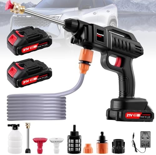 Akku Hochdruckreiniger, Tragbarer Mobiler Hochdruckreiniger 21V 60Bar hochdruckreiniger Mit 2 Akku, Schaumsprüher, 3-in-1 Multifunktionale Düse für Auto, Terrasse, Fenster, Rasen