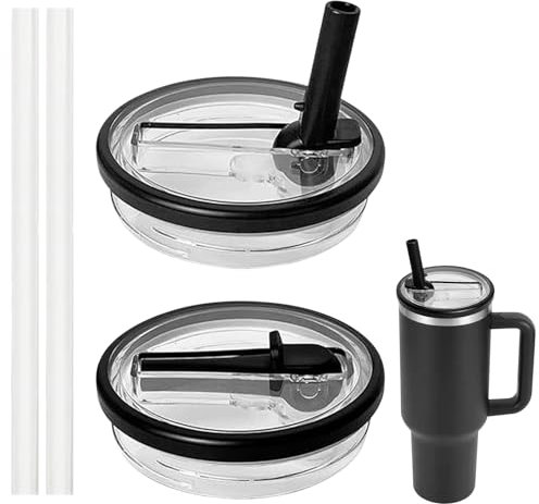 Stanley Cup Tapa 40 Oz – A prueba de fugas, a prueba de polvo y reutilizable – 2 tapas + 2 pajitas – Tapa de repuesto para vaso Stanley (negro)