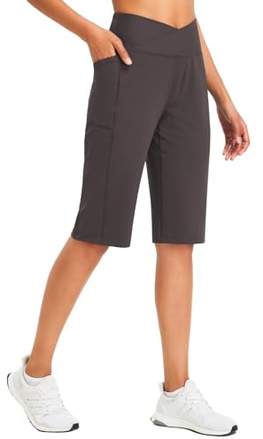 baleaf Womens Shorts Ladies Bermuda Running Long Short 14 Knee Length High Waisted Gym Shorts with Pockets Yoga Brown M