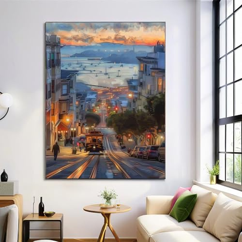 Straßen Von San Francisco Bilder 80X120Cm Retro City Leinwandbilder Bild Auf Leinwand Vlies Wandbild Kunstdruck Wanddeko Wand Wohnzimmer Wanddekoration Deko Kunst Blaugrau