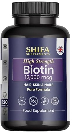 Shifa Supplements Biotin 12000 mcg 120 Vegan Capsules | High Strength Vitamin B7 | Hair, Skin & Nails Support | Pure Fill Formula | No Magnesium Stearate | Halal Certified | 4 Months Supply