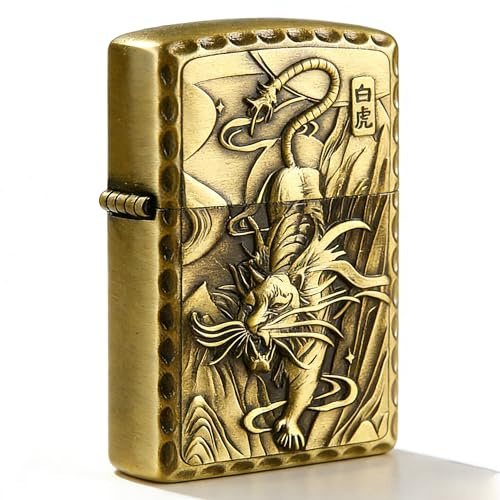 Embossed Vintage Petrol Lighter With Divine Beasts Grinding Wheel Dragon Reusable Kerosene Lighter for Men Dad (White Tiger)