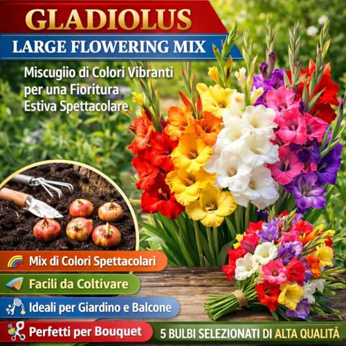 5 Bulbi Gladiolus Large Flowering Mix – Miscuglio Colori a Grandi Fiori – Fioritura Estiva Spettacolare – Ideali per Giardino, Vaso e Bouquet