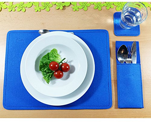 Venetto Sets Platzmatten Tischmatten Tischschoner Untersetzer Tassendecken Bestecktaschen Tischdecken Tischdeko Tisch Deko Bestecktasche Glasuntersetzer Tassen Bierdeckel aus Filz (4-er Set, Blau)