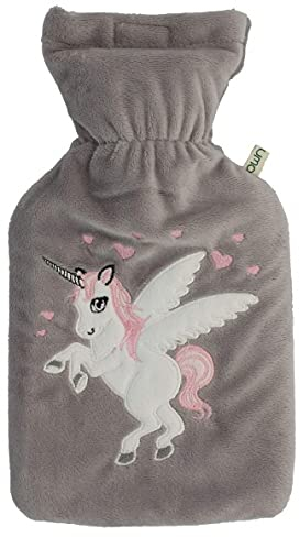 Premium Wärmflasche Einhorn 1 Liter mit hochwertigem weichem Fleece Bezug eingesticktem Einhorn, Klettverschluss und extra Fütterung, BS1970:2012 zertifiziert, TÜV Rheinland getestet