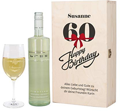 Herz & Heim® Bree Wein-Präsent mit graviertem Weinglas und Bree Wein zur Auswahl in Geschenkkiste zum 60. Geburtstag Weiß