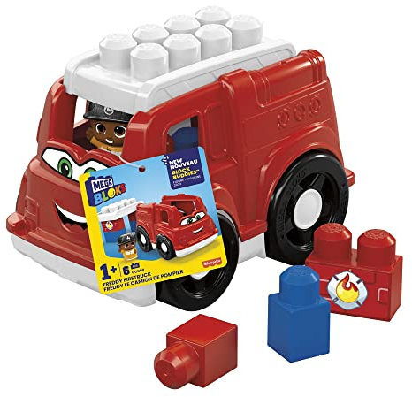 MEGA Bloks Freddy das lustige Feuerwehrauto - feurig fröhlicher Feuerwehrwagen mit Feuerwehrmann Figur, 5 Bausteine, für Kinder 1-5 Jahre, GFR22