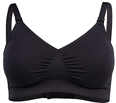 Medela Comfy Maternity Nursing Bra, Seamless Wirefree Pregnancy Nursing Bra with Elastic Band and Breathable Fabric for All Day Comfort Black/White