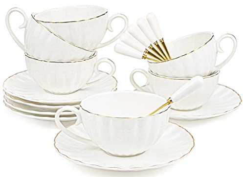 Yesland Set of 6 Royal Tea Cups and Saucers with Gold Trim, 240ml White Porcelain Tea Set & British Coffee Cups, Latte Cups and Espresso Mug for Specia