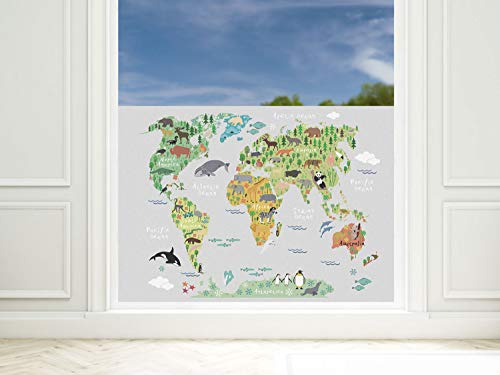 Sichtschutzfolie Kinderzimmer Junge Dinos, Fensterfolie Blickdicht, Milchglasfolie (Weltkarte mit Tieren, 90x57cm)