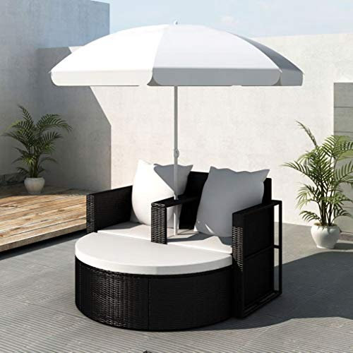 vidaXL Lettino da giardino con ombrellone, per esterni, da giardino, rotondo, con cuscini lavabili, in polyrattan, sedie a sdraio per portico e piscina, in polyrattan nero