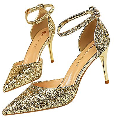 Frau Mode Pailletten Spitze Pumps Fesselriemen Mit Pfennigabsatz Lack Zu Arbeiten Leben 9,5CM 7,5CM Optional