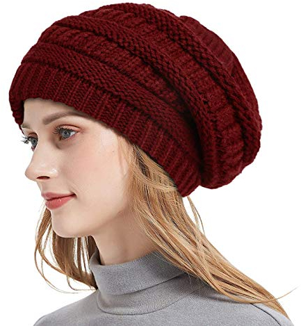 Roniky Winter-Strickmütze für Damen, Seidensatin gefüttert, grobe Kappe, weich, dehnbar, Zopfstrick, warm, lässig, Beanie-Mütze, burgunderfarben, Einheitsgröße