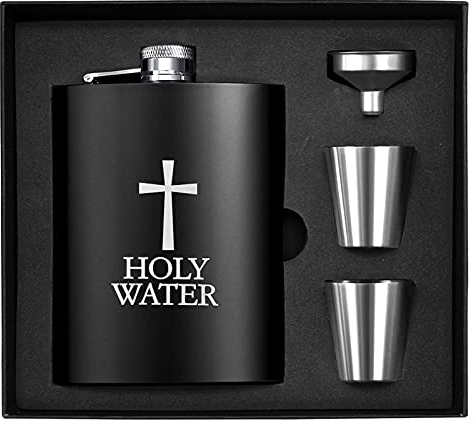 Edelstahl Flachmann Set, Wieat 8oz gravierte Holy Water Hip Flask Geschenkbox, Groomsmen/Usher Gifts for Wedding, Flachmann Geschenk für Männer und Frauen (mit 1x Trichter, 2x Becher)