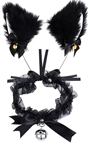 Berkelen Katzenohren Haarreif, Cat Ears Stirnband Glöckchen Halskette Katze Cosplay Set Katze Ohr Stirnband Haarband Cosplay Katzenohren Haarschmuck für Frauen Mädchen Cosplay Kostümfest Schwarz