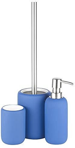 3pcs Ceramic Matt Colour Matching Bathroom Dispenser Tumbler Toilet Brush Set (Blue)