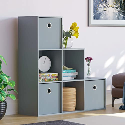 Vida Designs Durham Staircase Bookcase Shelves Storage Organiser Living Room Furniture (6 Cube & 3 Grey Baskets, Grey)