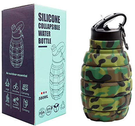 Borraccia personalizzabile, motivo granata, 580 ml, pieghevole, per sport, bevande, senza BPA, a tenuta stagna, in silicone, per palestra, bicicletta, escursionismo, attività all'aperto, con gancio