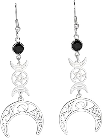 Triple Moon Göttin Ohrringe für Frauen Mädchen Edelstahl Gothic Stil Mond Rune Kristall Tropfen Ohrringe Amulett Wicca Schmuck…