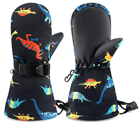 SEYUFN Kinderhandschuhe Winter Thermal Warm Jungen Skihandschuhe Mädchen Fleece Wasserdichtes Futter Bebe Verstellbarer Kinder Sport Handschuhe 1-6 Jahre(Dinosaurier Dunkelmarine-Orange,2-4 Jahre)