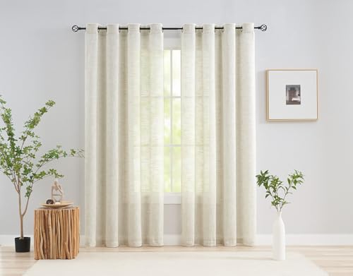 Treatmentex Cortinas Salon Translúcidas, Visillos Salon y Cortinas Dormitorio 2 Piezas 136x260cm, Textura Lino Beige Transparente con Ojales para Habitación