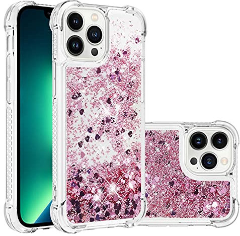 IMIRST Silicone Phone Case for Apple iPhone 13 Pro Max, Corner Airbag Fall Protection Bling Glitter Quicksand Liquid Sparkle TPU Case Cover for Apple iPhone 13 Pro Max. YBW Love RoseGold