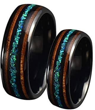 AMDXD Ringe Verlobungsringe, 8mm Edelstahl Eheringe für Frauen Schwarz mit Opal Holz Ring Verlobung Mann, 2Pcs, Frauen 52 (16.6) & Männer 62 (19.7)