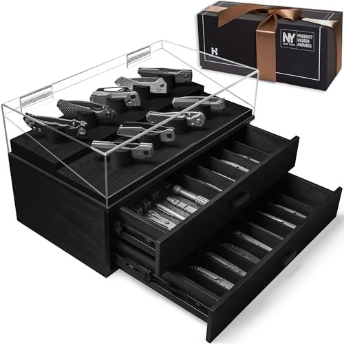 Holme & Hadfield Premium Knife Display Case for up to 50 Knives – Extra Large Handcrafted Wooden Pocket Knife Organizer for Collections – Birthday Gift for EDC Collectors – Luxury Built to Last