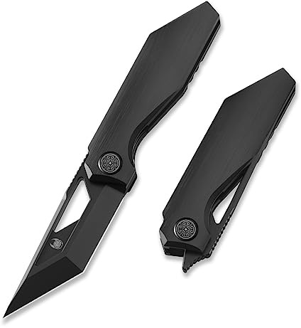 Cavol Shimo Cuchillo plegable con agujero para el pulgar,65mm M390 cuchillo de bolsillo Stonewashed,98mm mango de titanio cuchillo de aleta delantera,EDC cuchillo de bolsillo (negro)