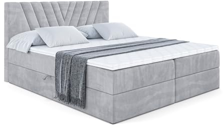 ALTDECOR Boxspringbett mit Matratze und Lattenrost, Boxbett, Topper, Polsterbett mit Bettkasten, Bett mit Stauraum H3-Matratze, Doppelbett, Springboxbett - ERNINA - 160x200 - Grau Monolith 84
