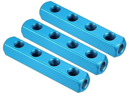 PATIKIL 4 Way 7 Port Air Manifold, 3 Pack G1/4 Inch Aluminum Air Hose Inline Manifold Block Splitter Pneumatic Air Hose Fitting, Blue
