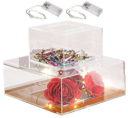 Goowafur Clear Cake Stand With LED Lights Fillable Acrylic Dessert Plate Cake Display Riser Square Cylinder Display Box For Wedding Engagements