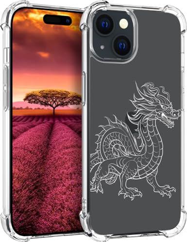 Topgraph Case Compatible for iphone 15 Cute Clear For Women Girly Designer Girls, Transparent Phone Case Floral Design Compatible with iphone 15 (Cool Dragon Line Art)