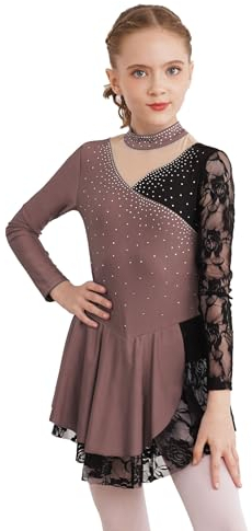 Agoky Mädchen Langarm Eiskunstlaufkleider Spitzen Ballett Tanz Kleider Mesh Spleiß Rollkragen Tanzkleider Plissee Rock Dancewear Altrosa 158-164