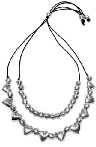 Vestopazzo collana 2 fili regolabile cuori/sfere. Realizzato a mano in alluminio 100% riciclato. Nickel tested. Lavorazione artigianale.AL02216