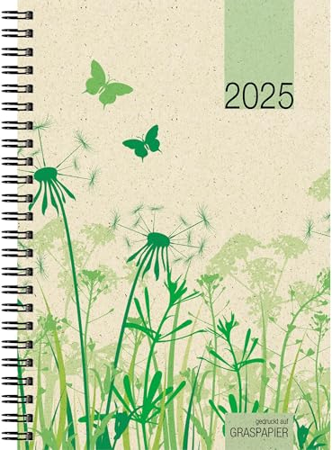 Zettler - Wochenbuch 2025 Graspapier, 14,6x21cm, Taschenkalender mit 128 Seiten im Kartoneinband mit Motiv, 1 Woche auf 2 Seiten, Drahtkammbindung, Wochenübersicht und internationales Kalendarium