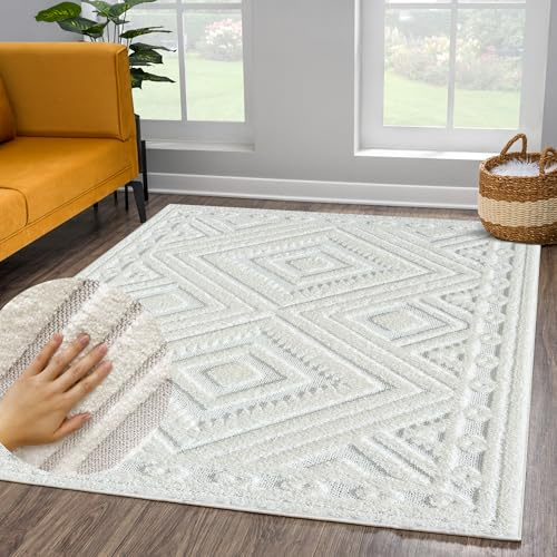 payé Teppich Wohnzimmer Hochflor - 120x170cm - Einfarbig - Pastell Creme - Boho - Modern Raute Muster- Skandinavisch Flauschig Weich - Schlafzimmer