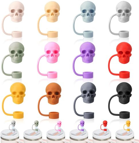 XLSXEXCL 12 Pcs Skull Straw Cover Caps Compatible with Stanley Cup, Silicone Cute Reusable Straw Toppers compatible with Stanley Cup Accessories 10mm