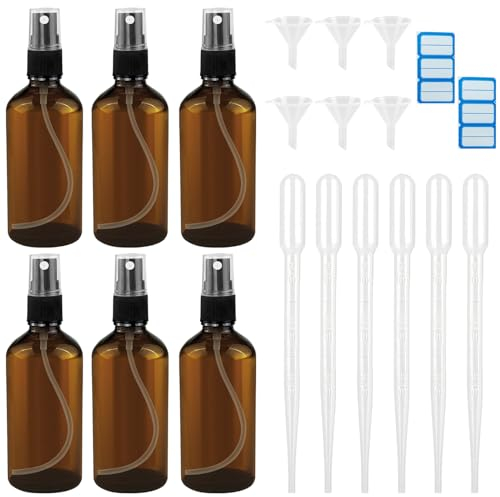 Diompirux Lot de 6 Flacons de Pulvérisation en Verre Marron 50 ml, Avec Étiquettes, Entonnoirs et Pipettes, Atomiseur Parfum, Bouteille Spray Verre Rechargeables, pour Cosmétiques DIY, Aromathérapie
