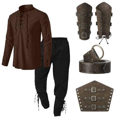 WAZHAKU Herren Mittelalter Kostüm Hemd Viking Renaissance Viktorian Piraten Steampunk Cosplay Schnürhemd Top with Zubehör Wikinger Hose Männer Armschienen PU-Leder-O-Ring-Gürtel
