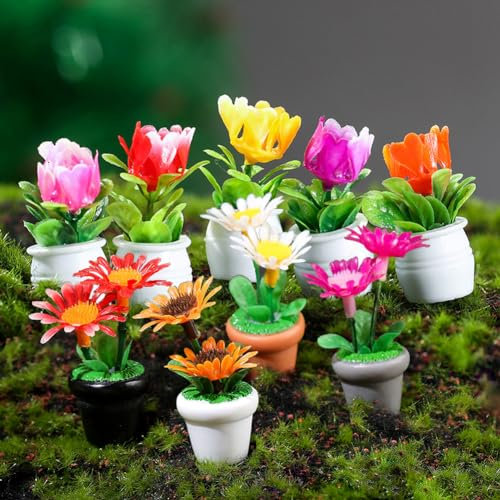 Purple Star Miniatures Flowers 9 Pack Fairy Garden Accessories Kits Mini Dolls House Plants Tiny Plastic Flowers Little Ornaments Dashboard Car Cake Terrarium Decorations Gifts White