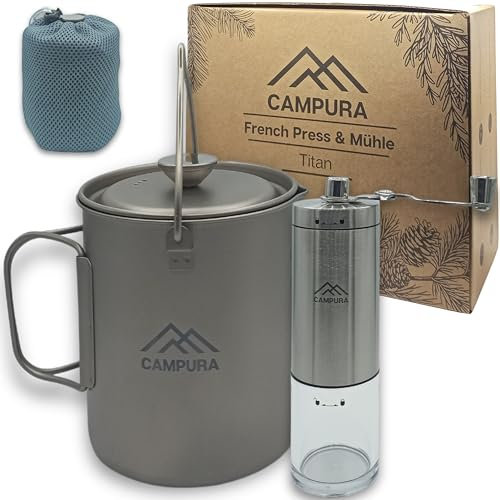 Campura Titan French Press Olla – 750 ml con molinillo de café de acero inoxidable, filtro de precisión, ligero y compacto, cafetera de exterior, prensa francesa de camping