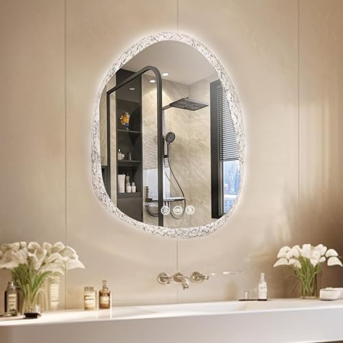 LUVODI Miroir de Salle de Bain avec Éclairage 70x50cm Miroir LED Asymétrique avec Interrupteur Tactile Miroirs Lumineux Dimmable Miroir Connecté 3 Couleurs de Lumière Réglables Antibuée IP66
