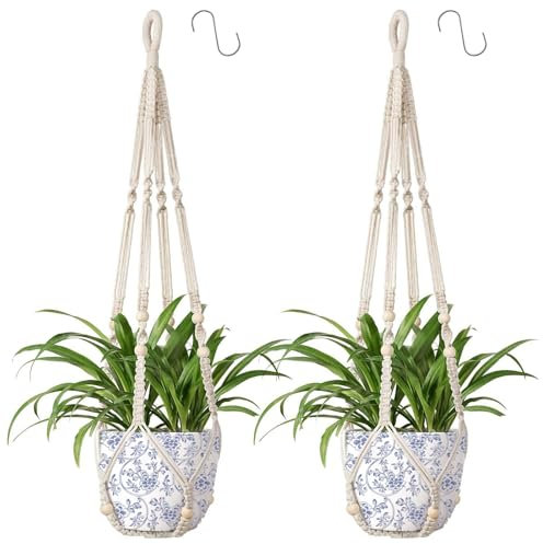 Apstaqeoo Macrame Plant Hanger Indoor Cotton Rope Hanging Planter Basket with Wood Beads Decorative Flower Pot Wall Plant Holder with 2 Hooks for Outdoor Garden Boho Home Decor No Tassels 90CM(2PCS)