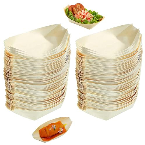 Cuencos Madera de Pino,100 PCS Aperitivos Bowls Cuencos de Madera Barquitas de Bambú para Aperitivos Sushi Currywurst Papas Fritas Ideales para Bodas Cumpleaños Buffet y Catering