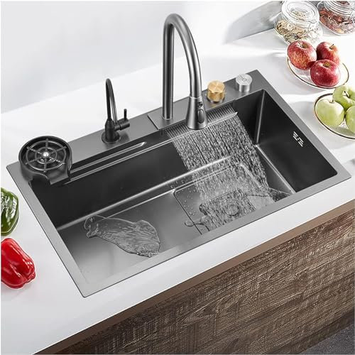 CZAOERXB Fregadero de Cocina de Acero Inoxidable Negro, Fregadero Comercial Moderno de empotrar, Fregadero con lavaplatos y Grifo extraíble, Tabla de Cortar, Agua fría y Caliente
