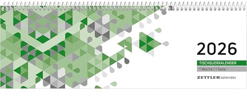 Zettler Tischquerkalender 1W/1S grün 2026 – Wochenkalender 30 × 10 cm, 1 Woche auf 1 Seite mit Stundeneinteilung 7–19 Uhr, FSC-zertifiziert, praktischer Bürokalender für Schreibtisch & Homeoffice