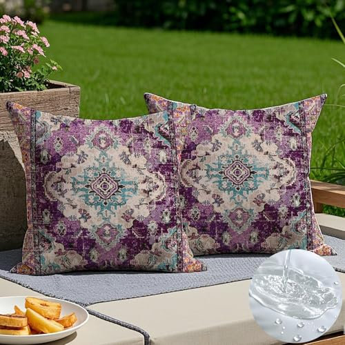 Vorysum 2er Set Outdoor Kissen Wetterfest 40x40 cm Lila Boho Dekokissen Sommer Kissenbezüge Vintage Kissenhülle Sofakissen für Wohnzimmer Schlafzimmer Garten Dekorative